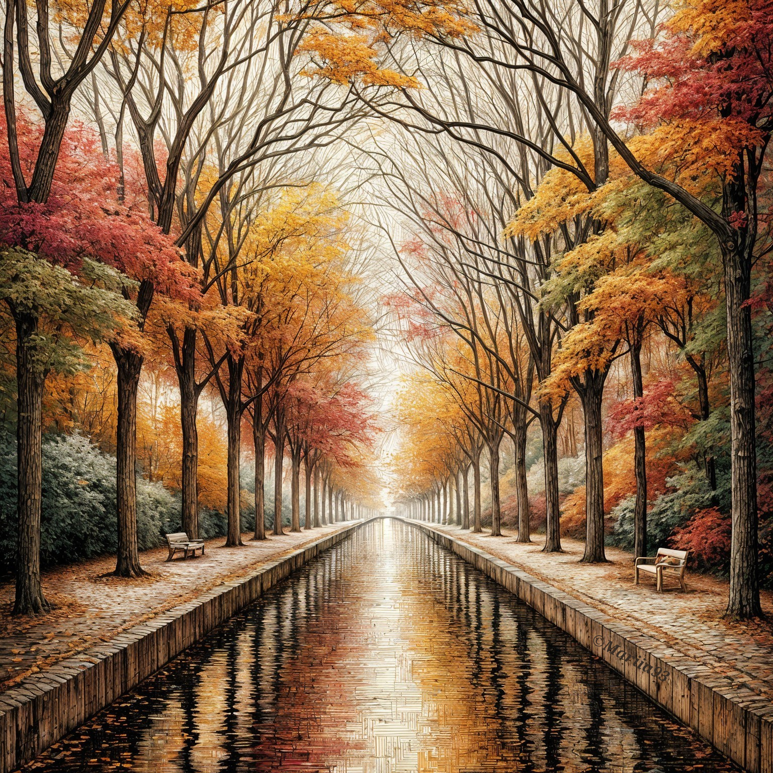 Autumn Landscape with Canal and Vibrant Foliage