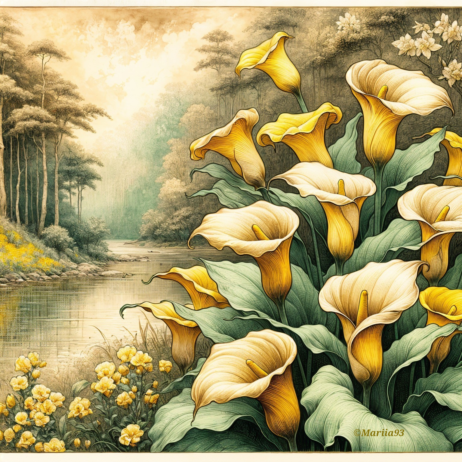 Serene Landscape with River and Blooming Calla Lilies