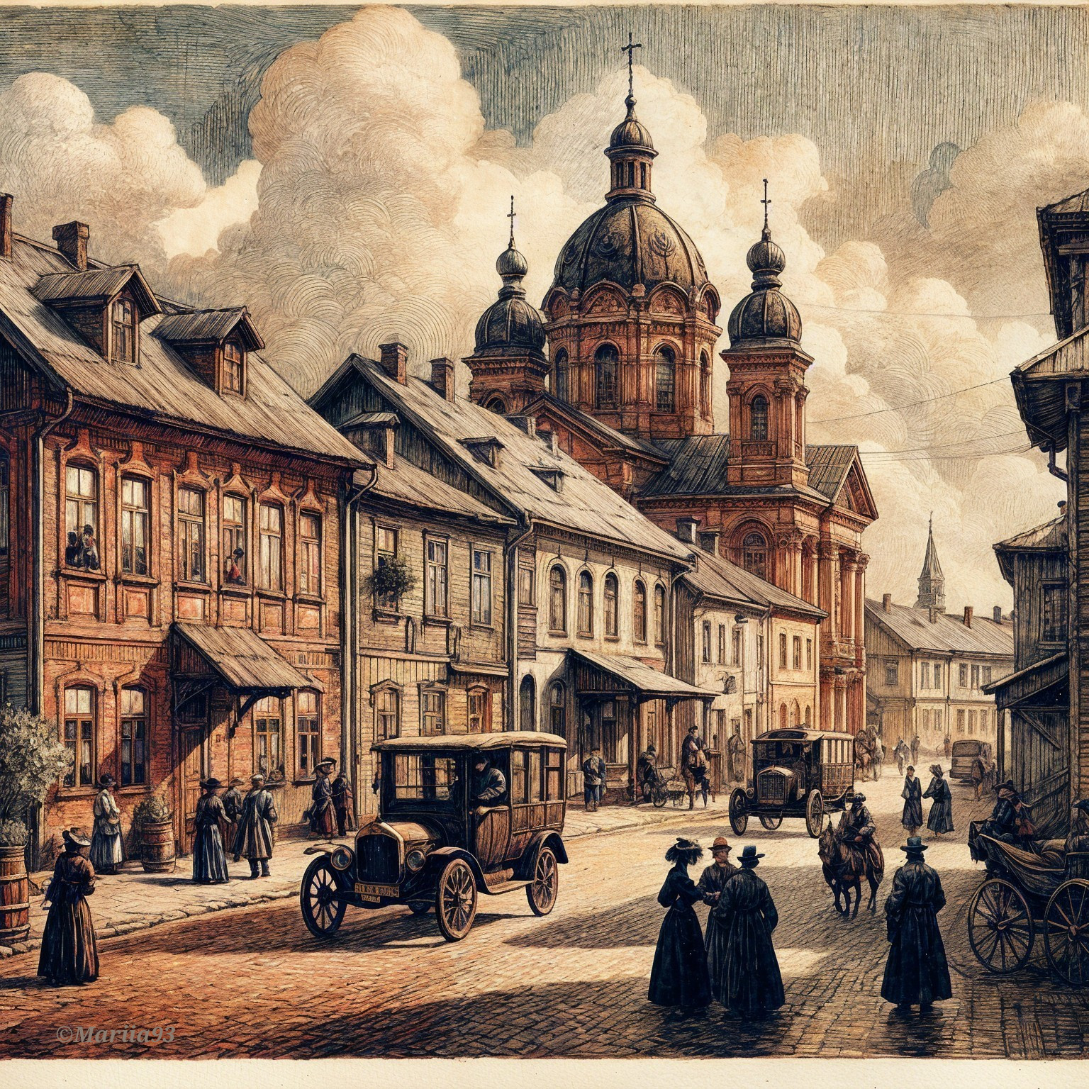 Historic Street Scene with Wooden Buildings and Church