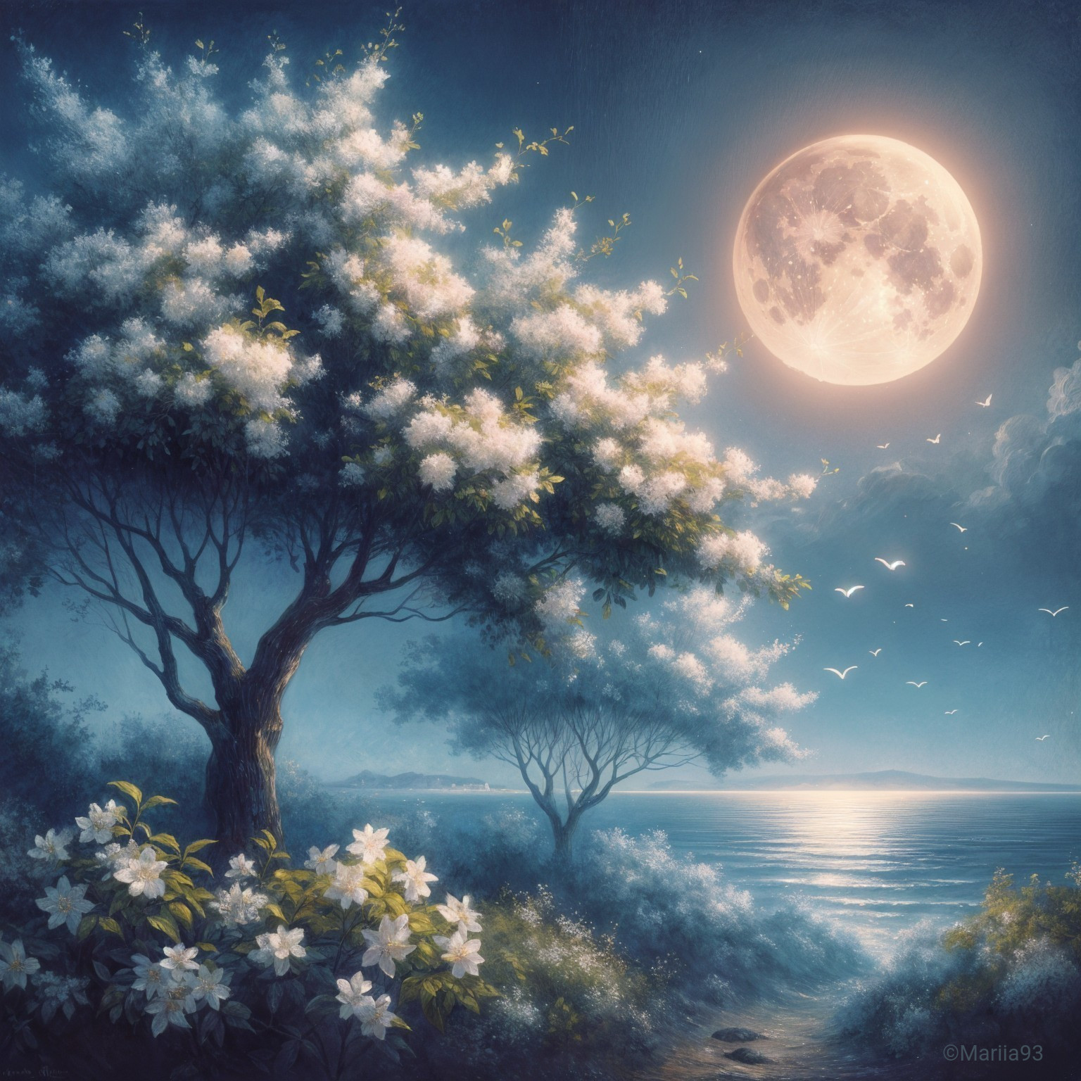 Serene Nighttime Landscape with Moonlit Sea and Flowers