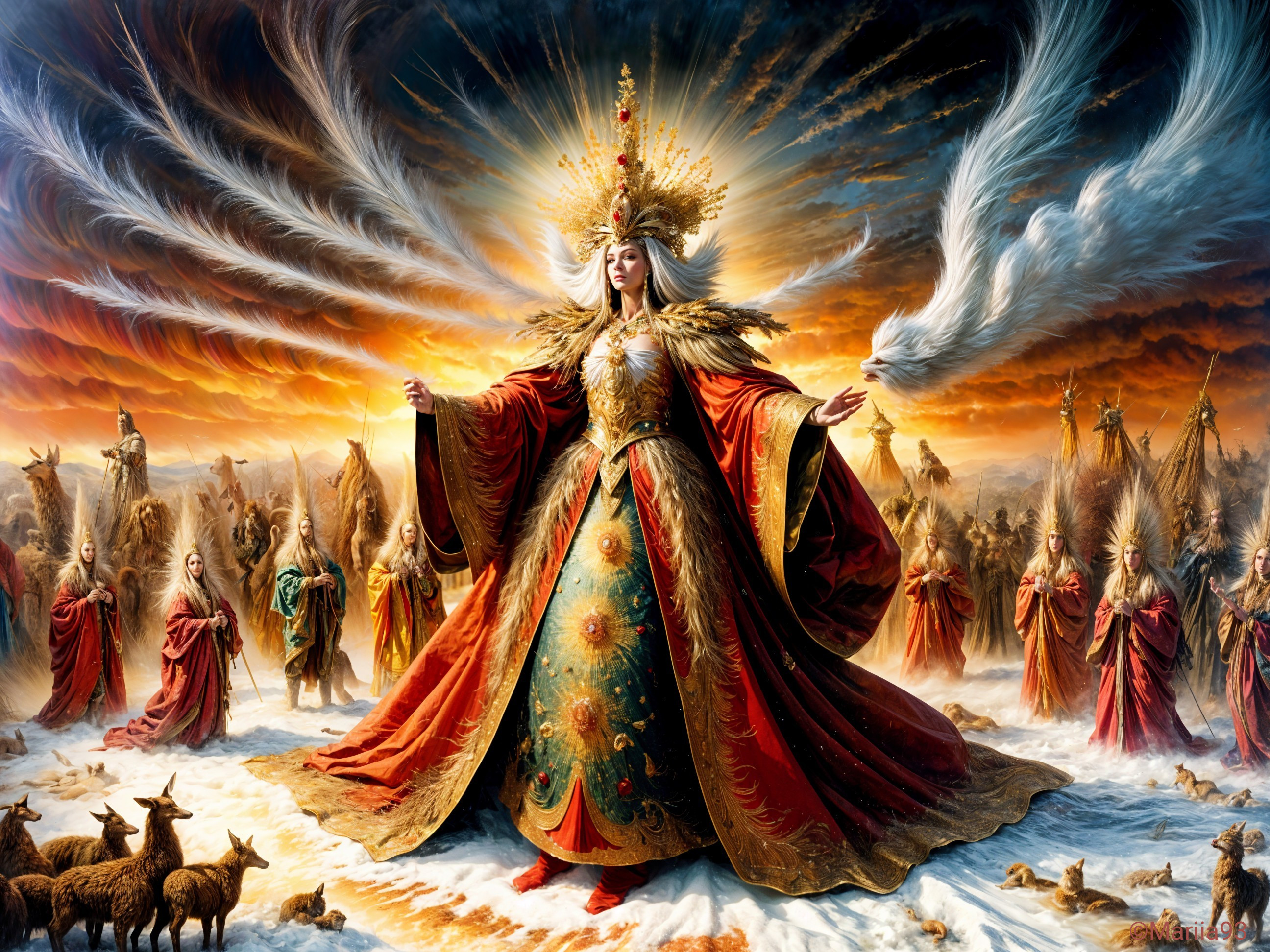 Majestic figure in vibrant robe with ethereal beings