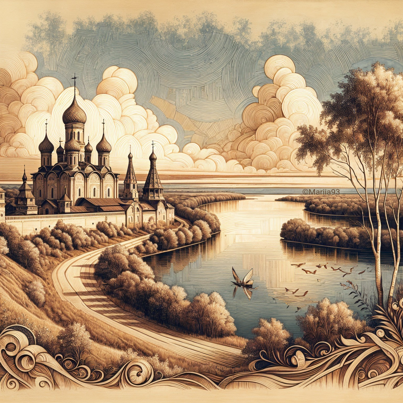 Majestic Church by Tranquil River in Serene Landscape