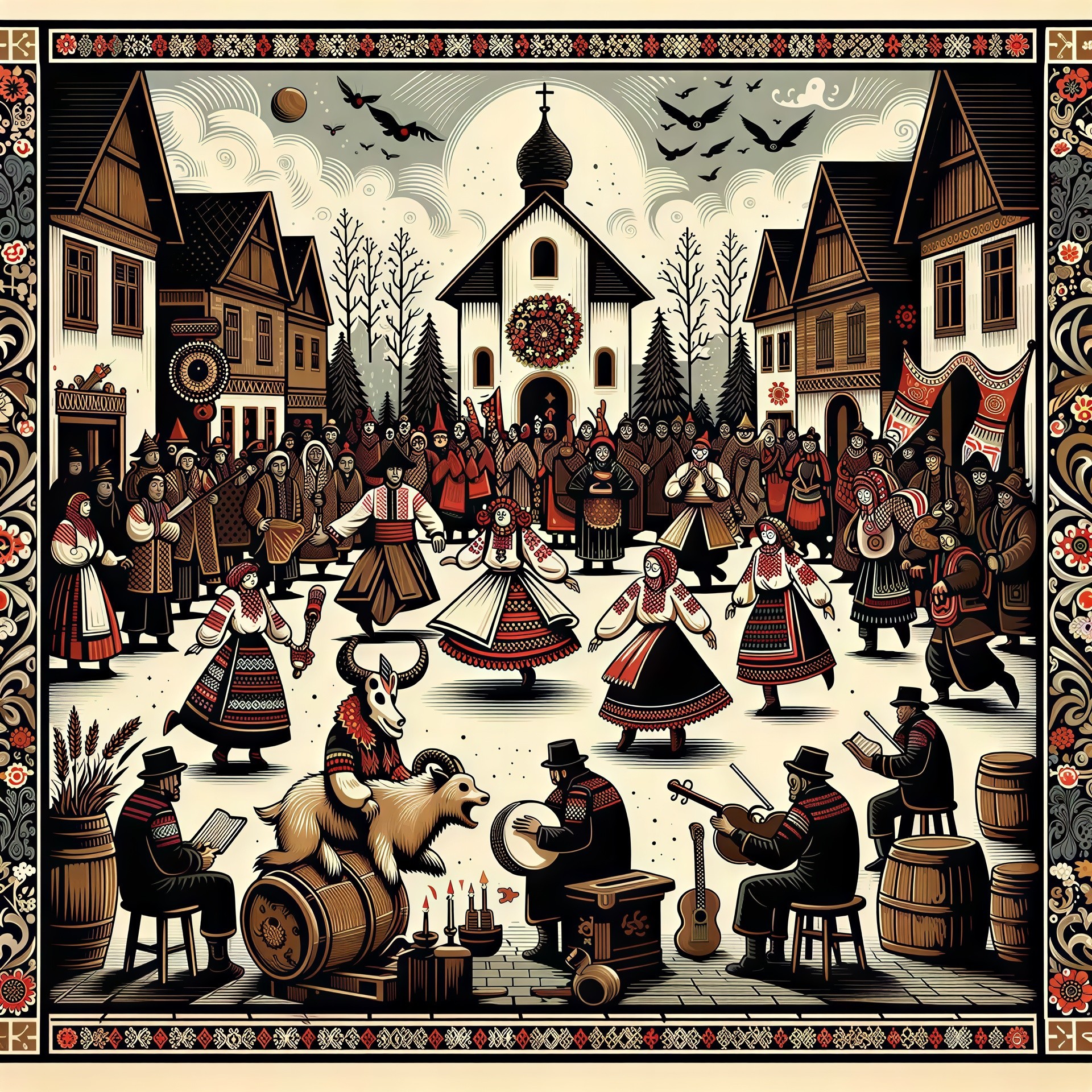 Vibrant Eastern European Village Folk Art Illustration