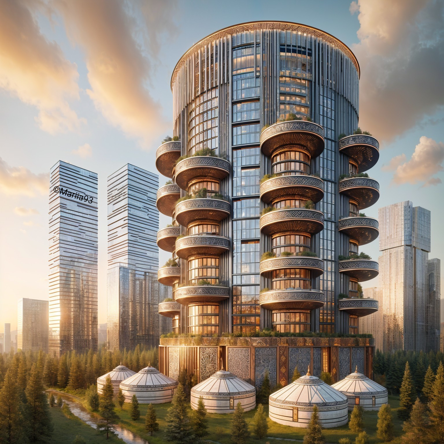 Futuristic Cylindrical Building with Traditional Yurts