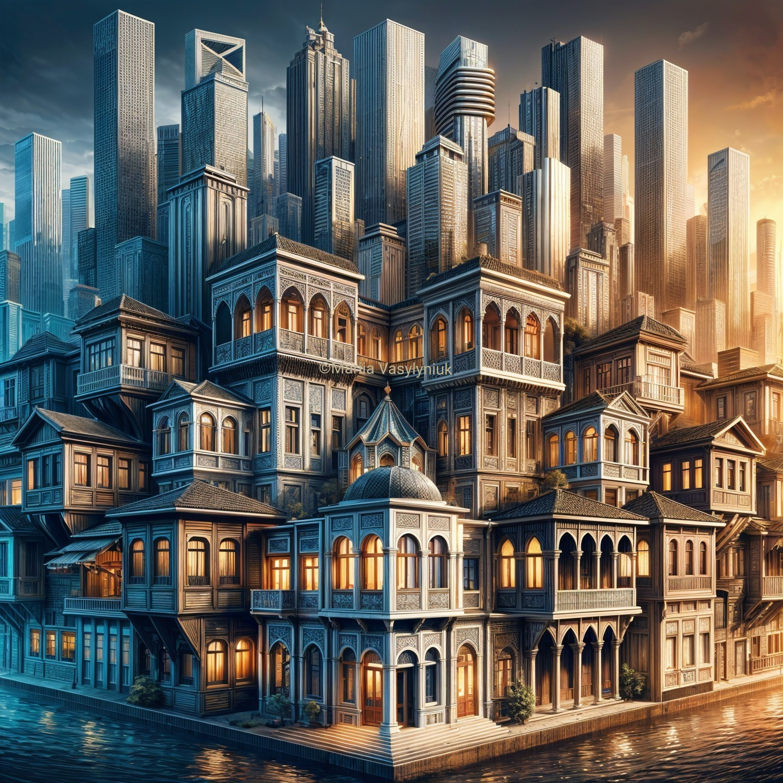 Architectural Contrast of Traditional Homes and Skyscrapers