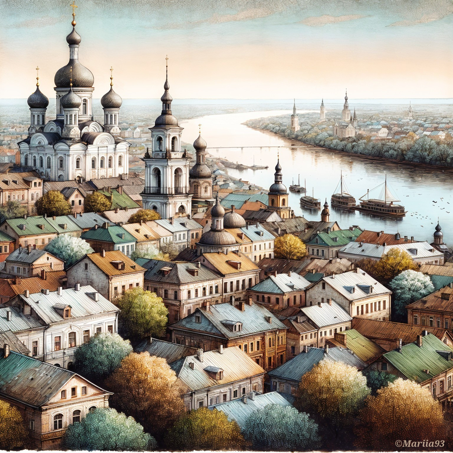 Historic Riverside Town with Colorful Rooftops and Spires