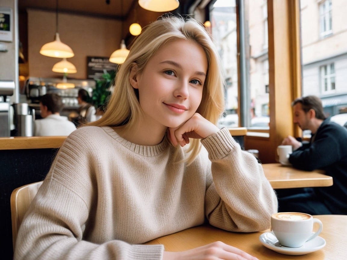 Young Woman Enjoys Coffee in Cozy Café Setting