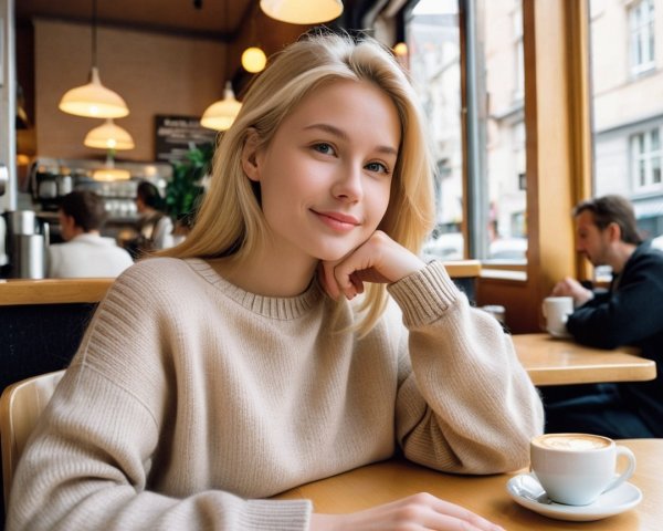 Young Woman Enjoys Coffee in Cozy Café Setting