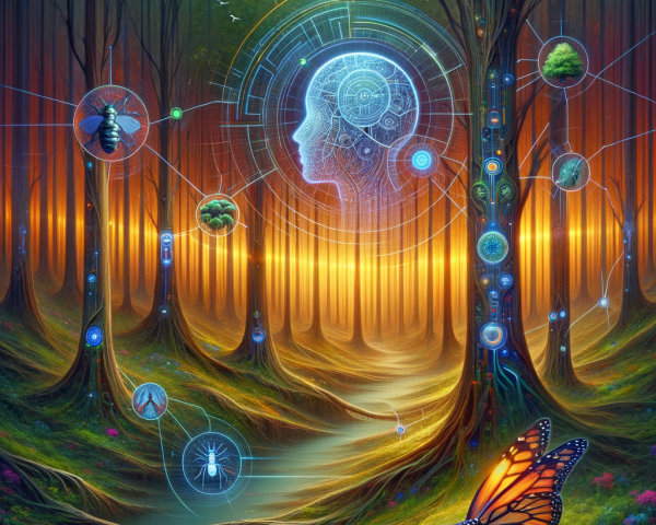 Vibrant Forest at Sunset with Digital Nature Elements