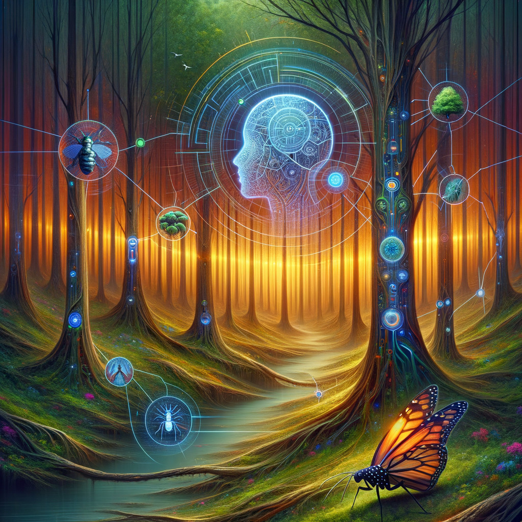 Vibrant Forest at Sunset with Digital Nature Elements