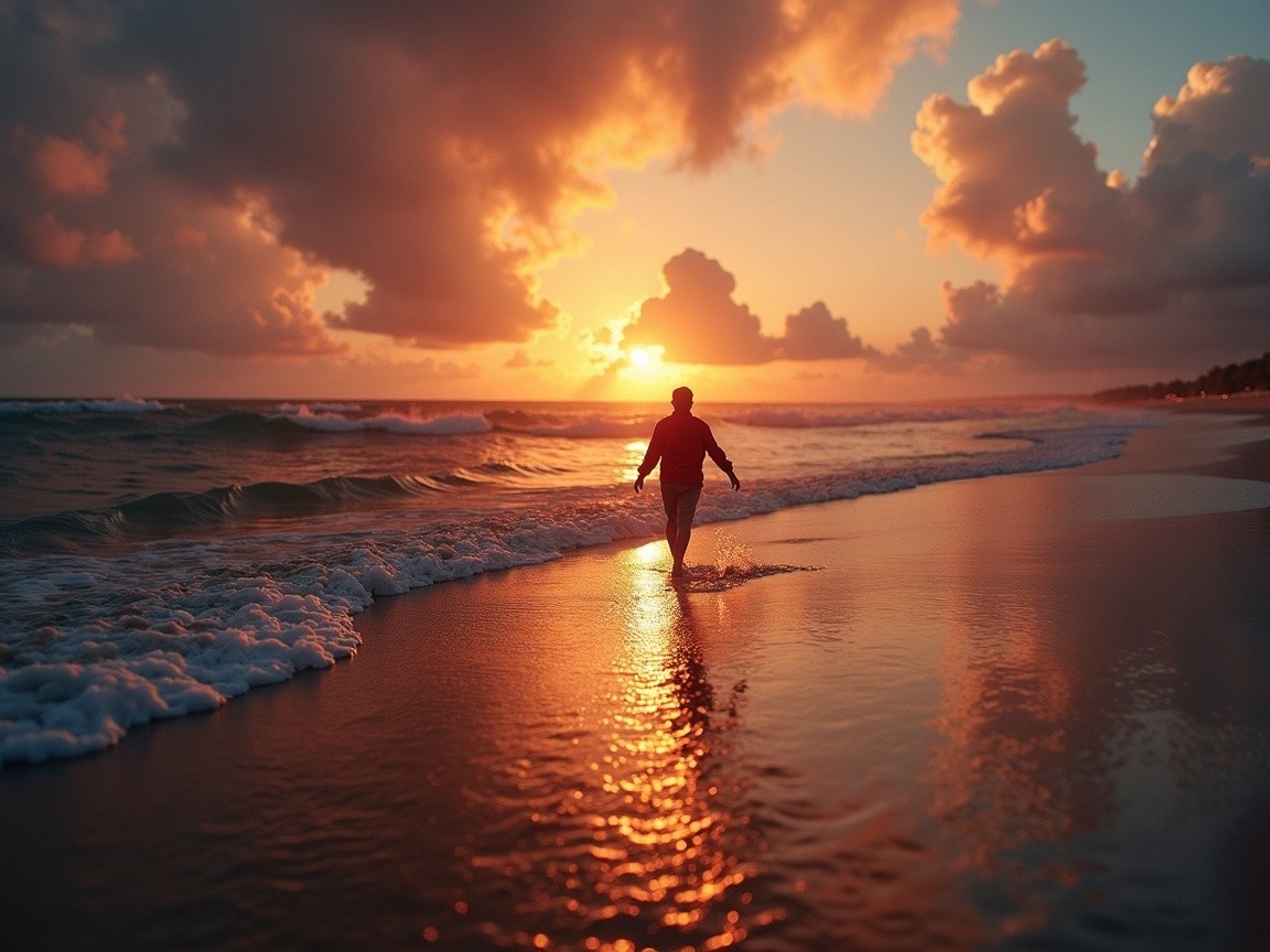 Solitary Figure on Serene Beach at Sunset