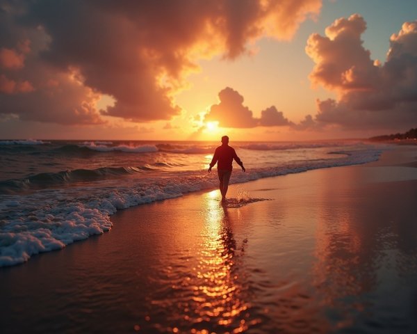 Solitary Figure on Serene Beach at Sunset