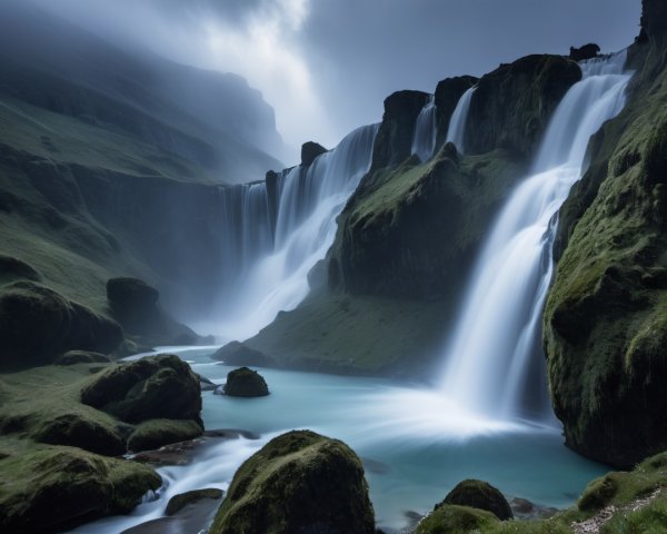 Majestic waterfall surrounded by lush hills and cliffs