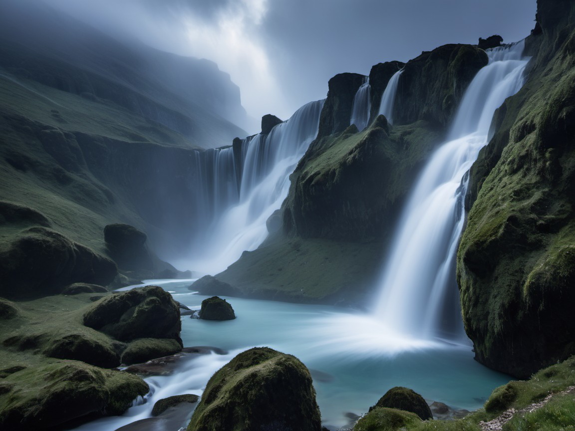 Majestic waterfall surrounded by lush hills and cliffs