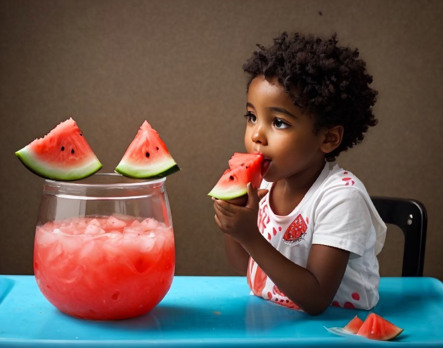 Child Enjoying Watermelon at a Blue Table Setting
