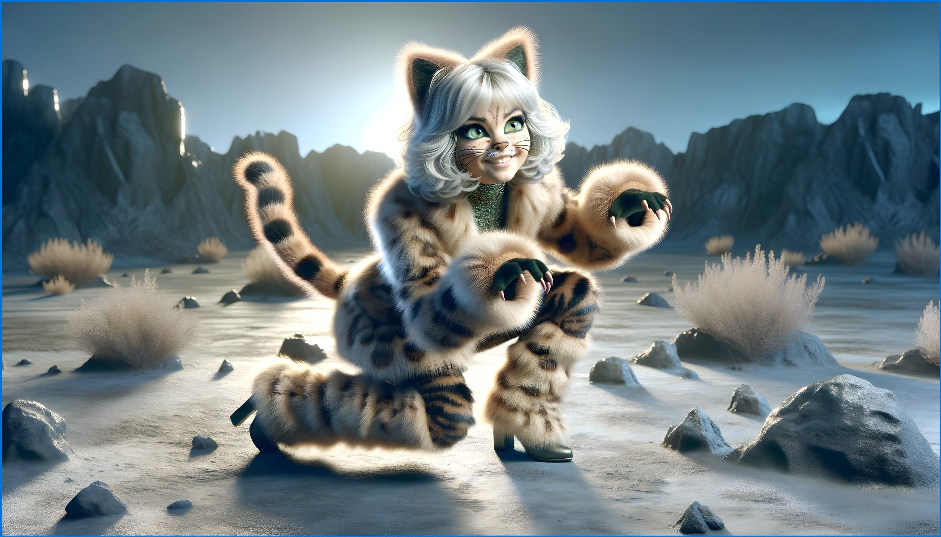 Whimsical Cat-Like Character in Surreal Landscape