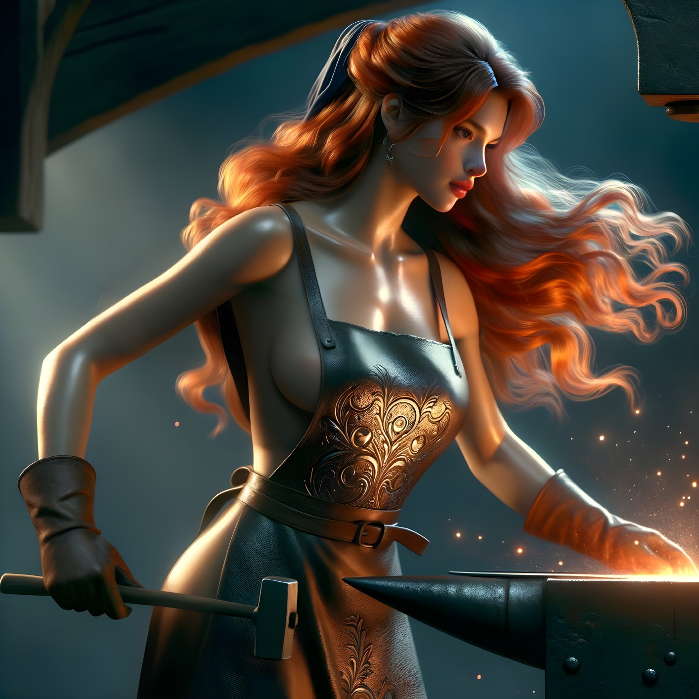 Female Blacksmith at Anvil with Forge Flames