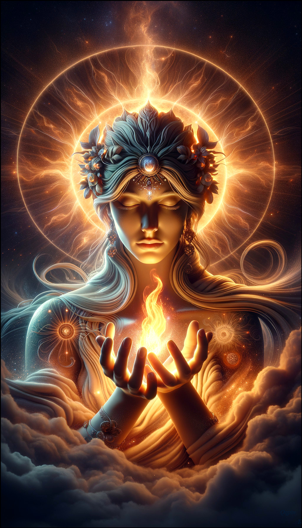 Goddess-like figure with glowing flame and cosmic themes