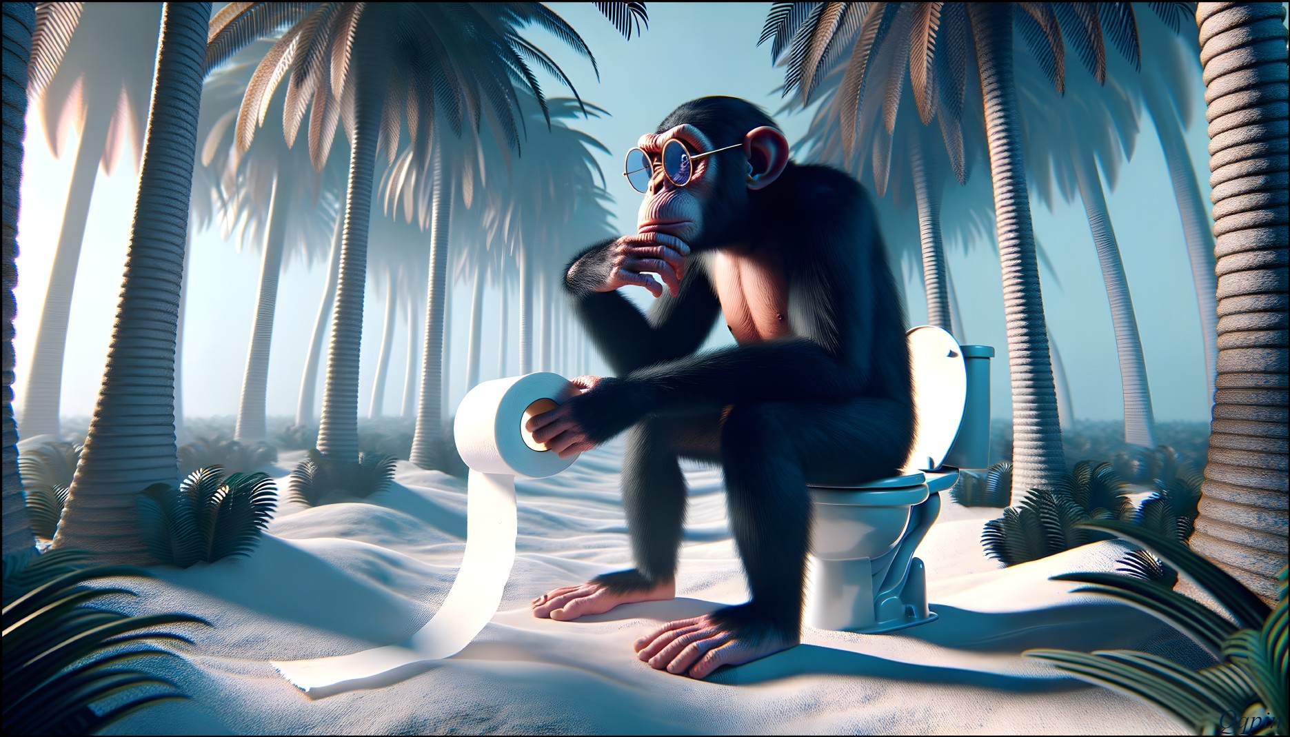 Monkey in Glasses on Toilet in Tropical Paradise