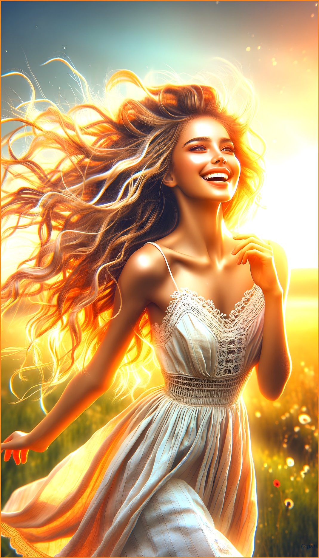 Young Woman in Sunlit Field with Flowing Hair