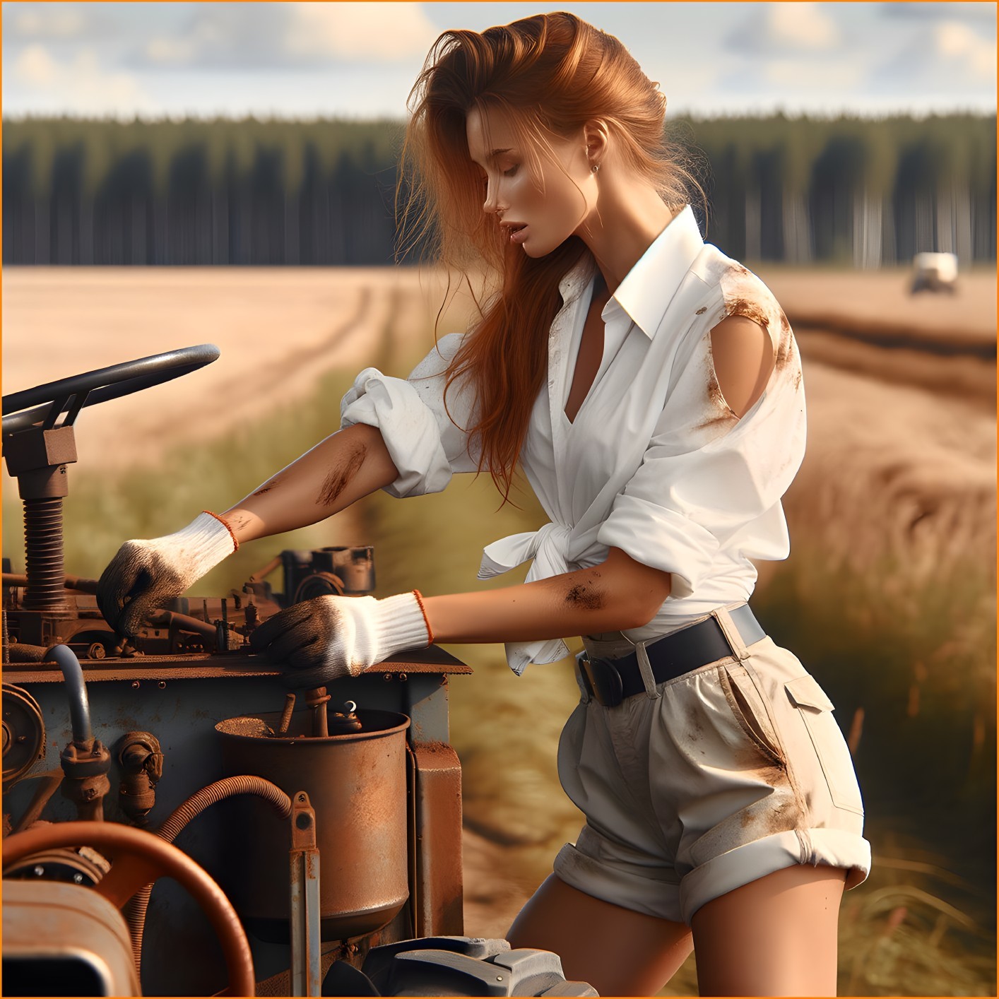 Woman in off-shoulder shirt repairs vintage tractor