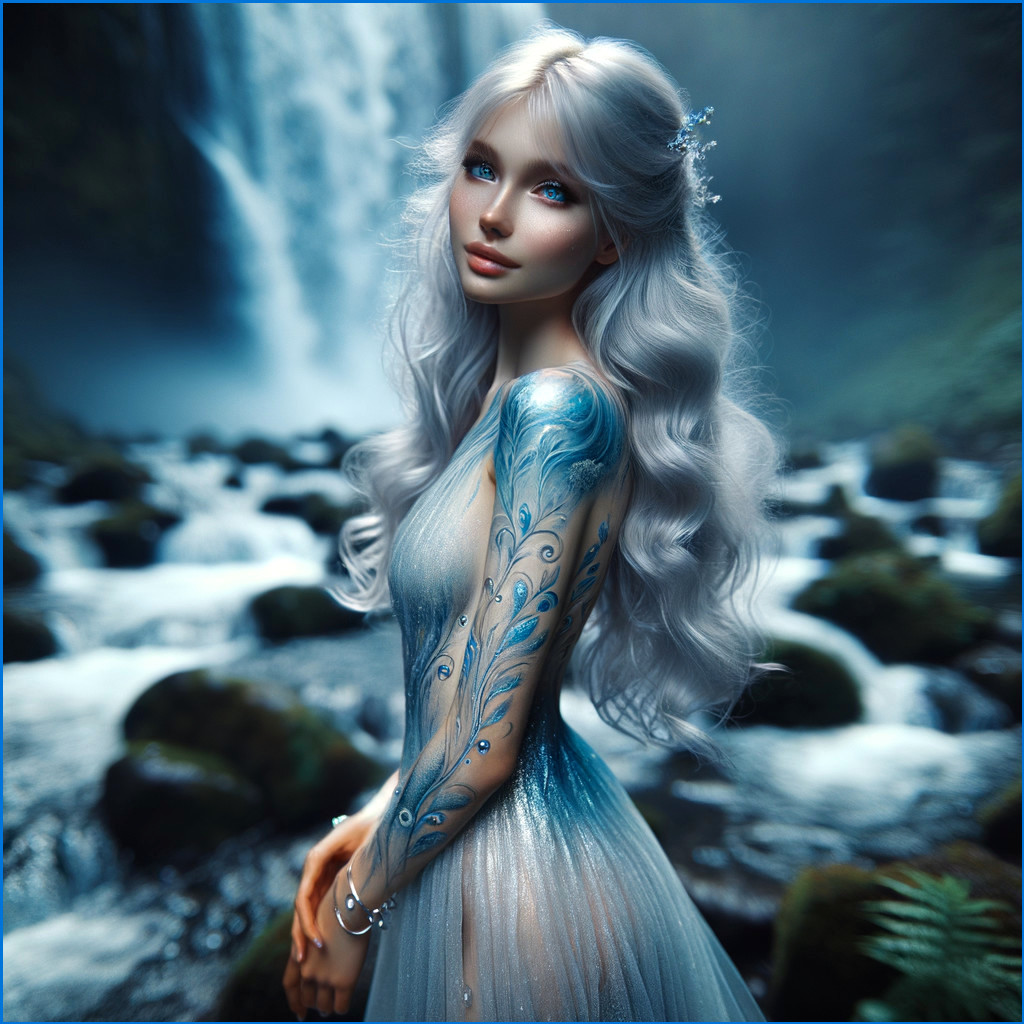 Serene figure by a cascading waterfall in blue gown