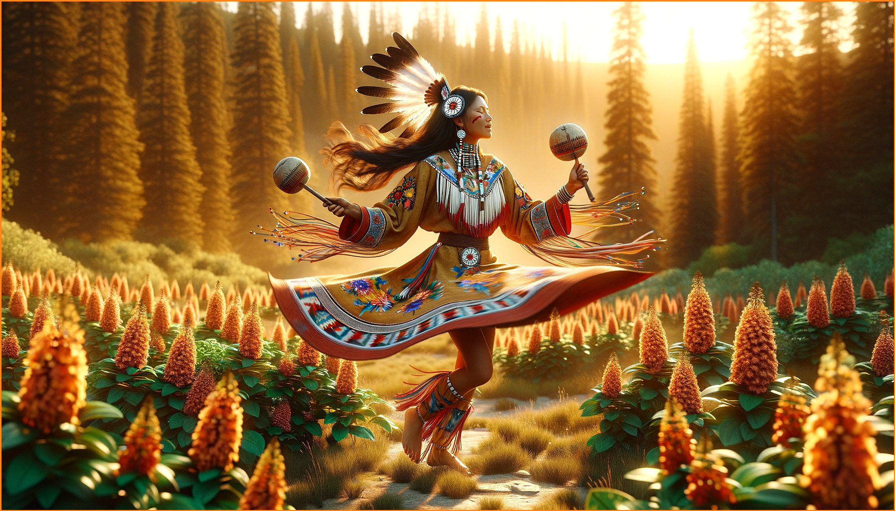 Native American Woman Dancing in Flower Field