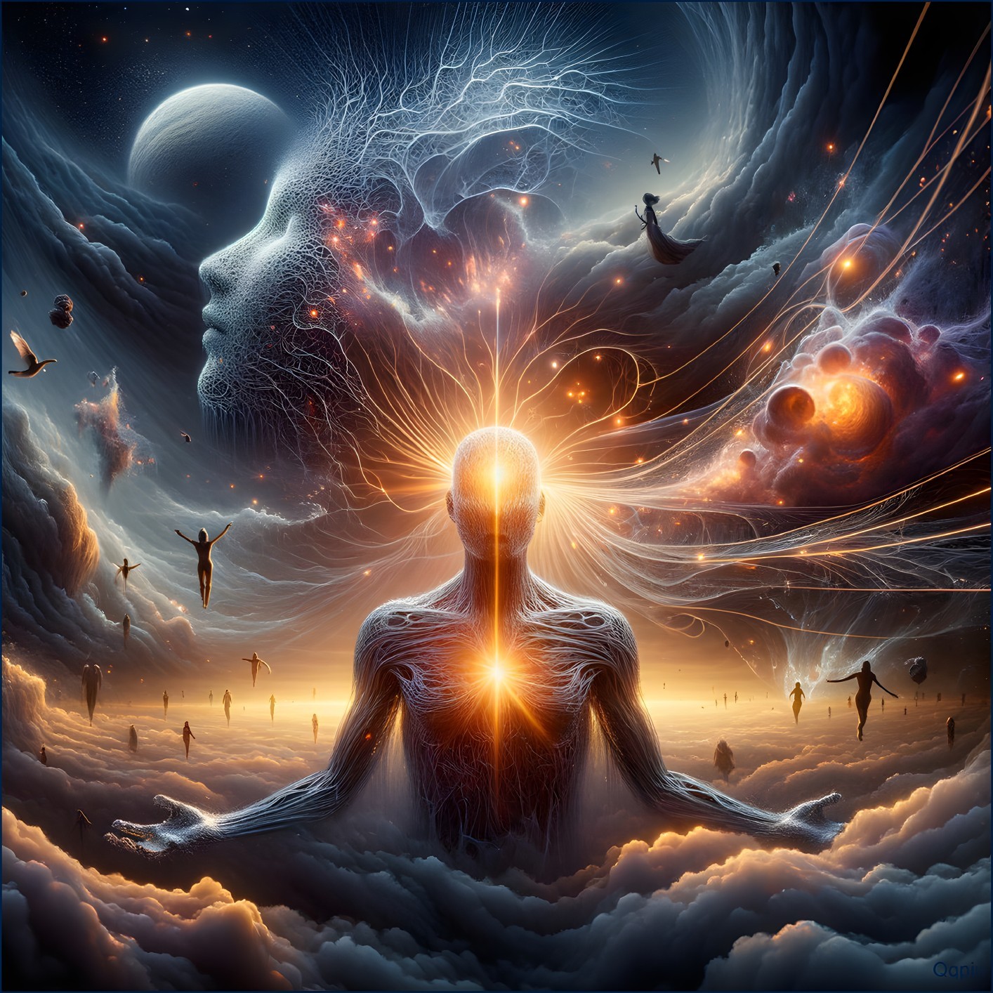 Surreal Human Figure in Cosmic Landscape with Energy