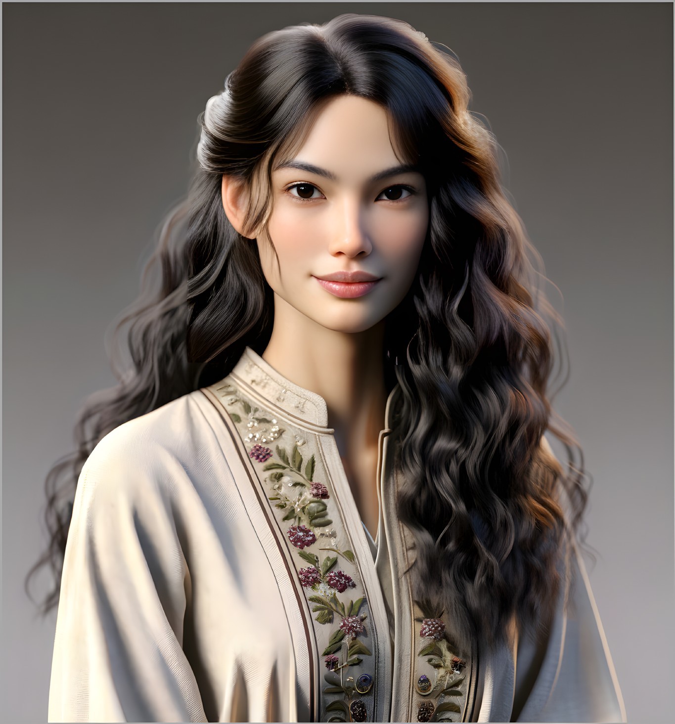 Young woman in embroidered cream blouse with floral patterns