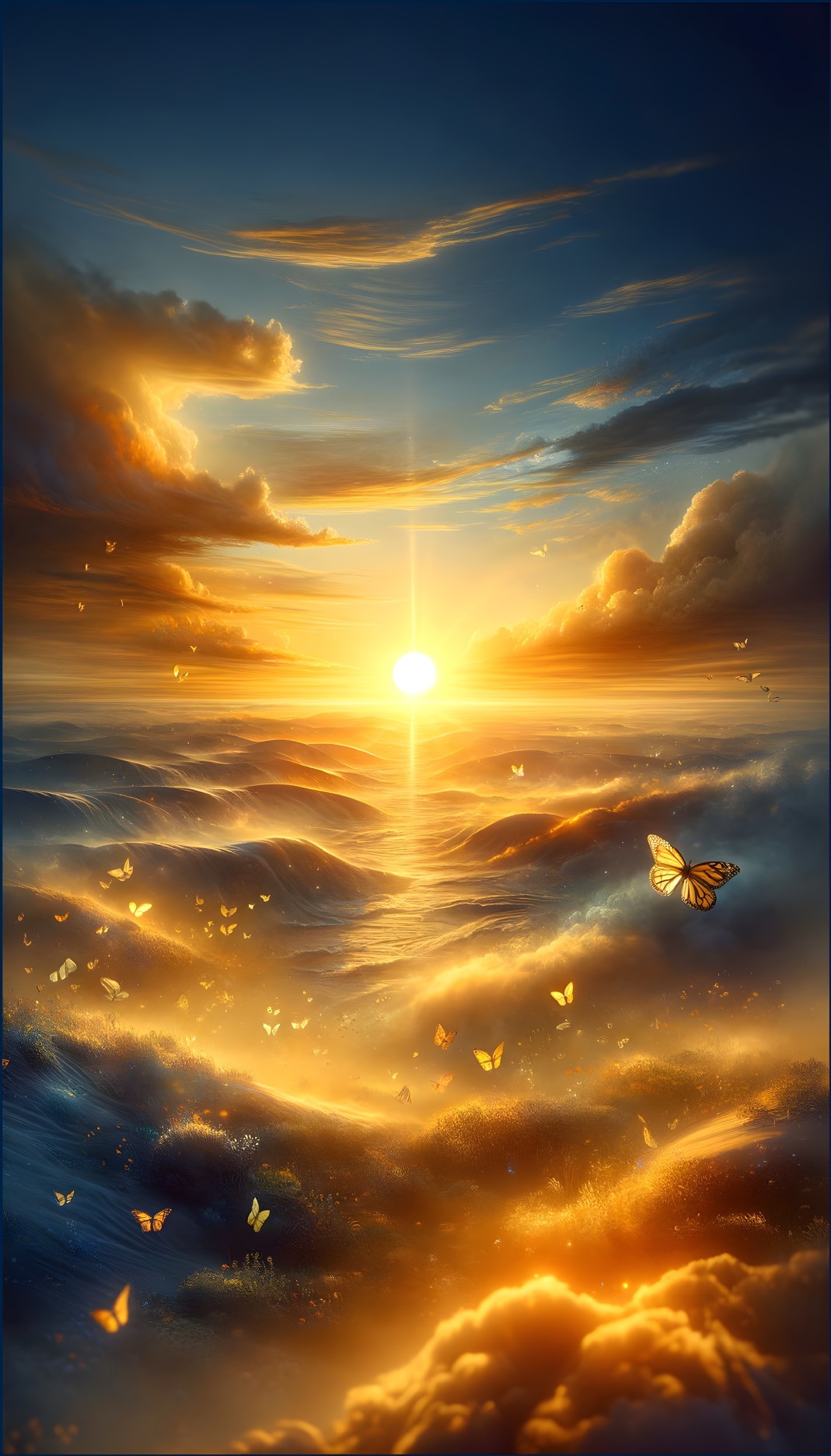 Sunset Over Ocean with Golden Hues and Butterflies