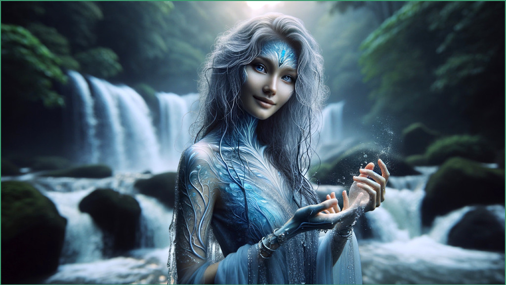 Mystical figure by a serene waterfall with greenery
