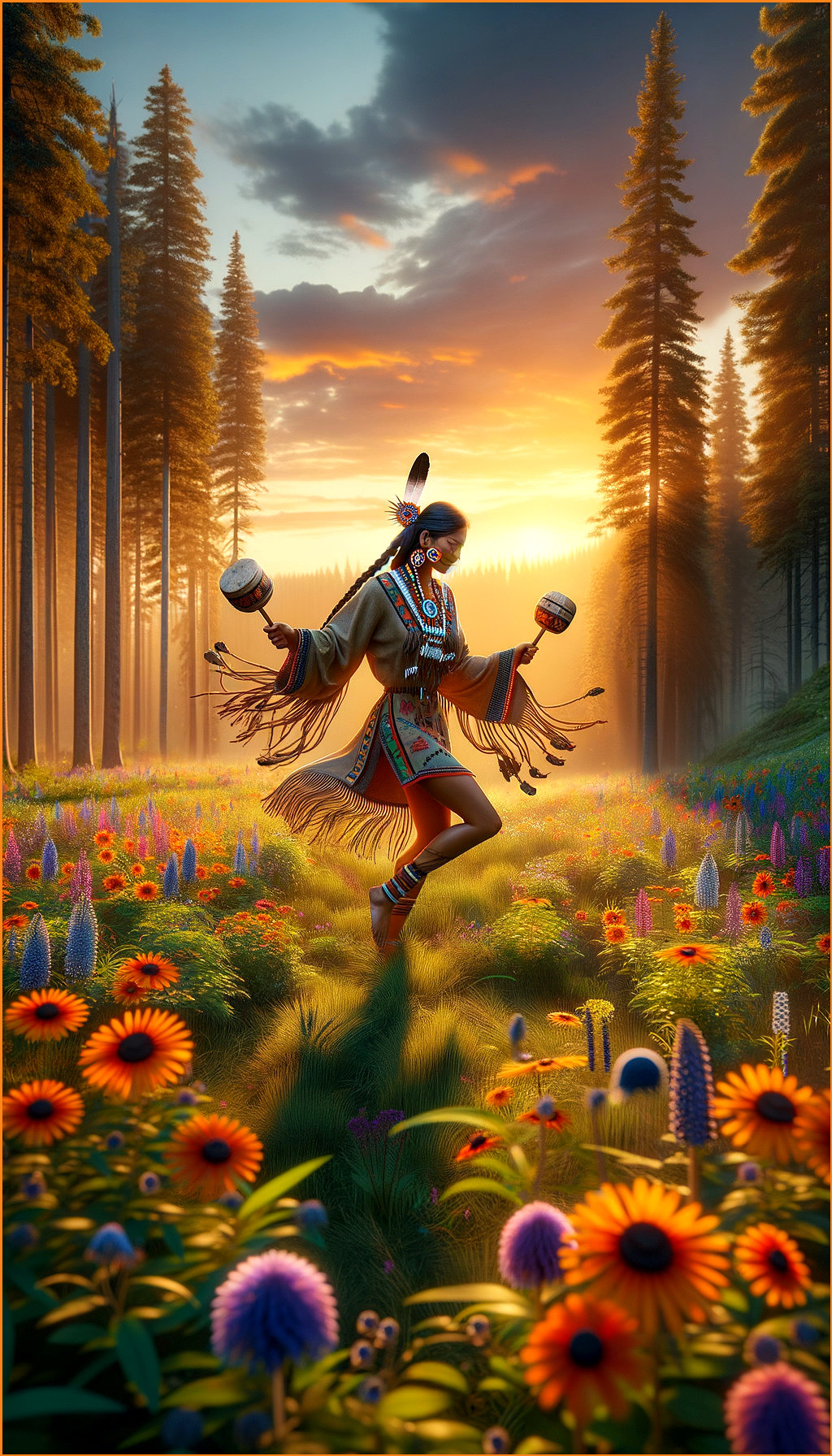 Dancer in Traditional Attire Amidst Colorful Meadow