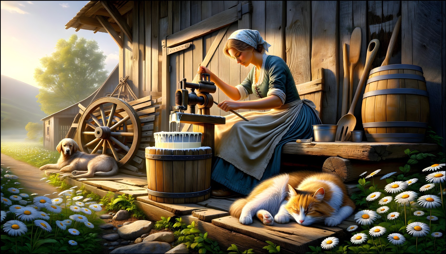 Countryside Scene of Woman Churning Butter by Barn