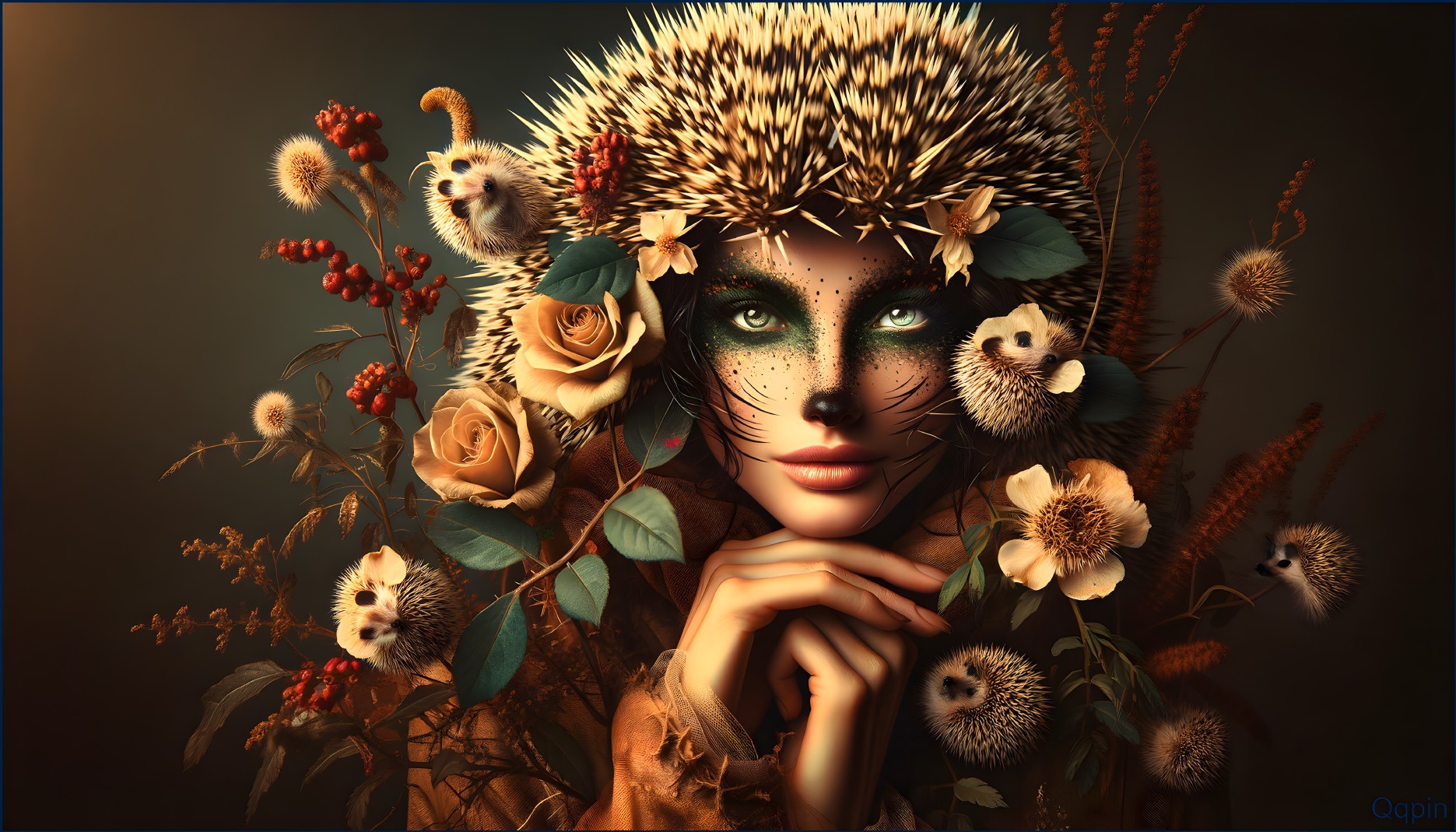 Portrait of a Woman with Hedgehog Hat and Flowers