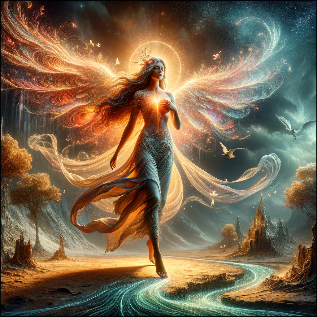 Celestial Figure with Wings in Enchanted Landscape