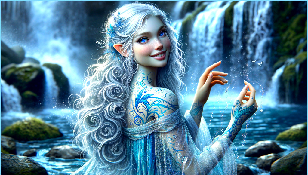 Whimsical fairy by a shimmering waterfall with tattoos
