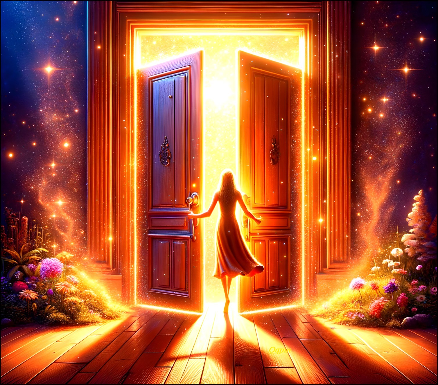 Mystical Woman Before Illuminated Grand Doors