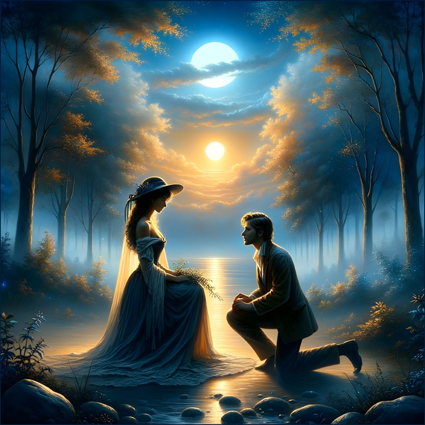 Twilight Scene of a Couple in a Dreamy Landscape