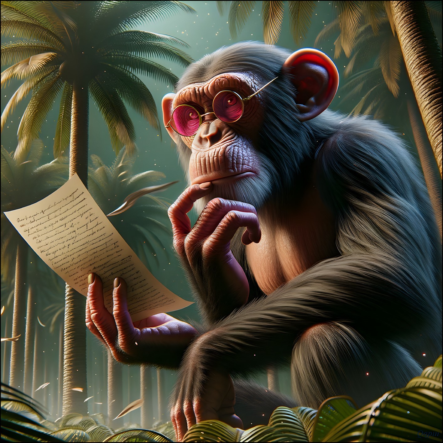 Chimpanzee in Sunglasses Surrounded by Tropical Foliage