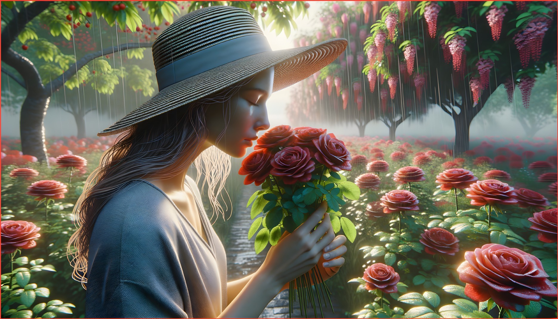 Dreamy Garden with Woman and Vibrant Rose Bouquet
