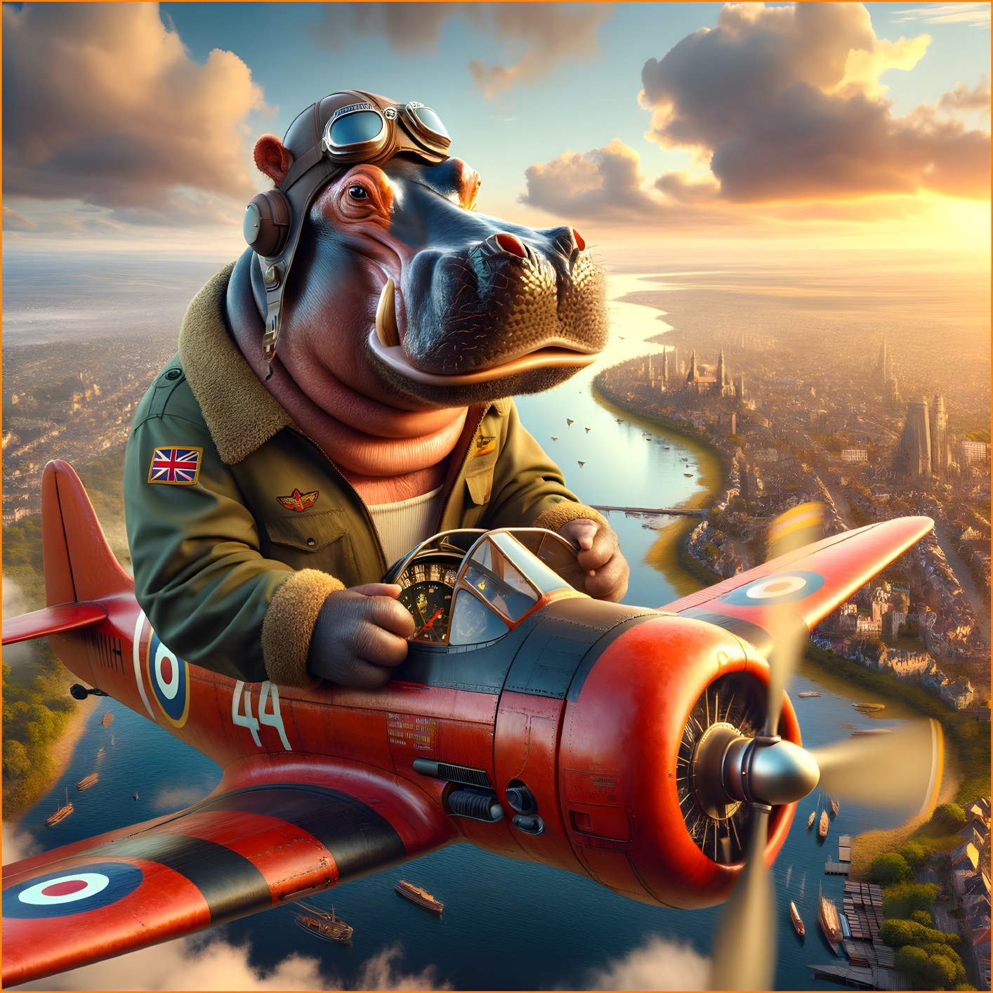 Cartoon Hippo in Vintage Airplane at Sunset Scene