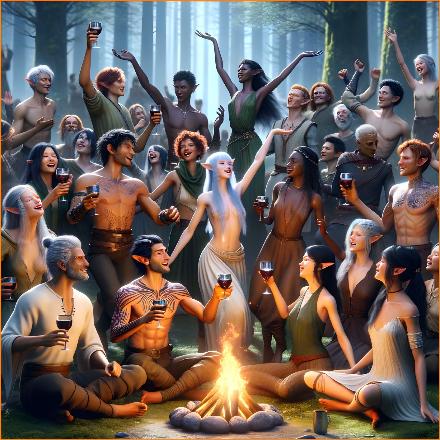 Diverse Group Celebrating Around Campfire in Forest Clearing