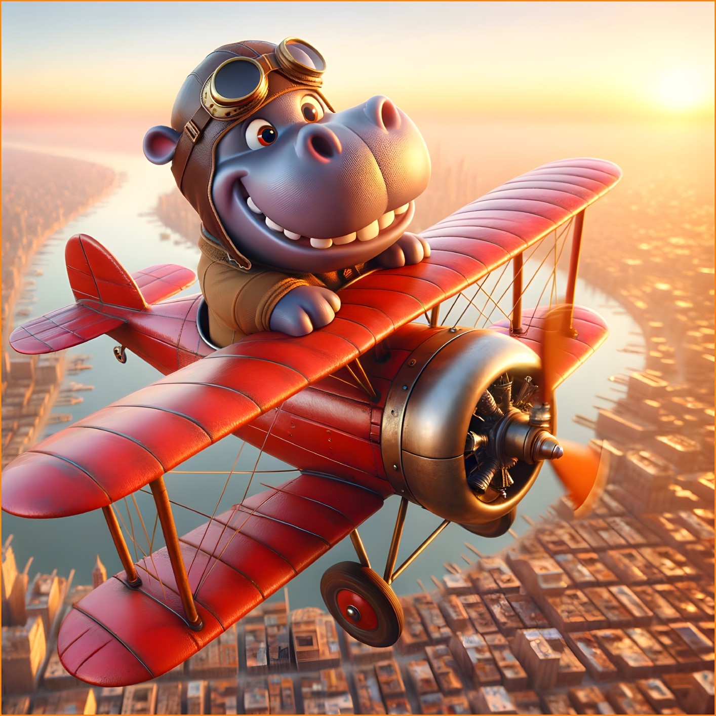 Cartoon Hippo Flying Red Biplane Over City at Sunset