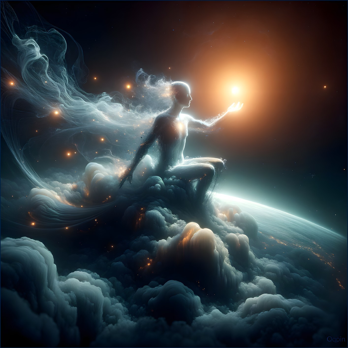 Surreal Scene of Luminous Figure on Swirling Clouds
