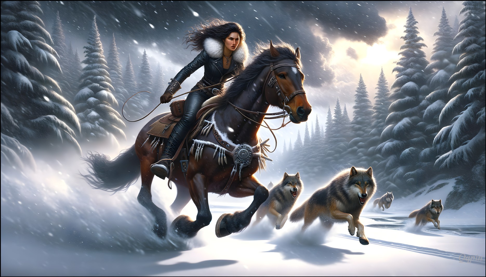 Winter Rider Galloping Through Snowy Wilderness