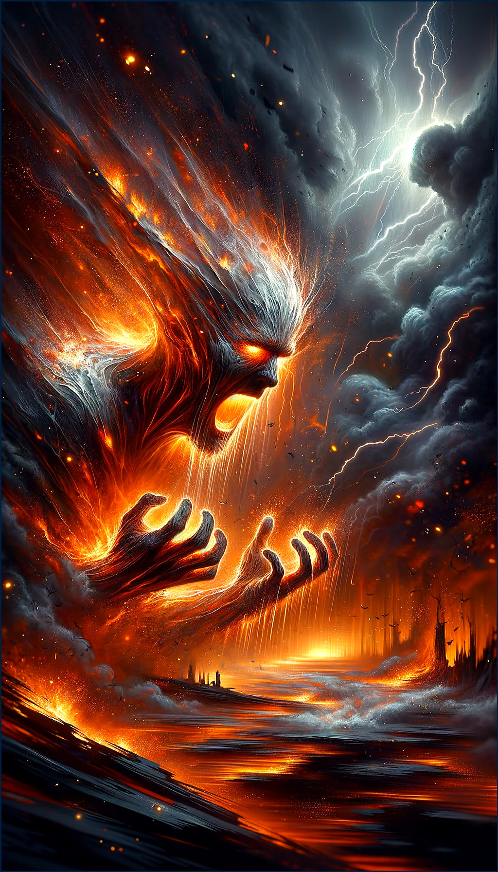 Fiery Entity in Tempestuous Landscape with Lightning