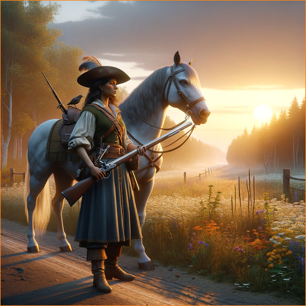 Serene Sunrise Landscape with Historical Figure and Horse