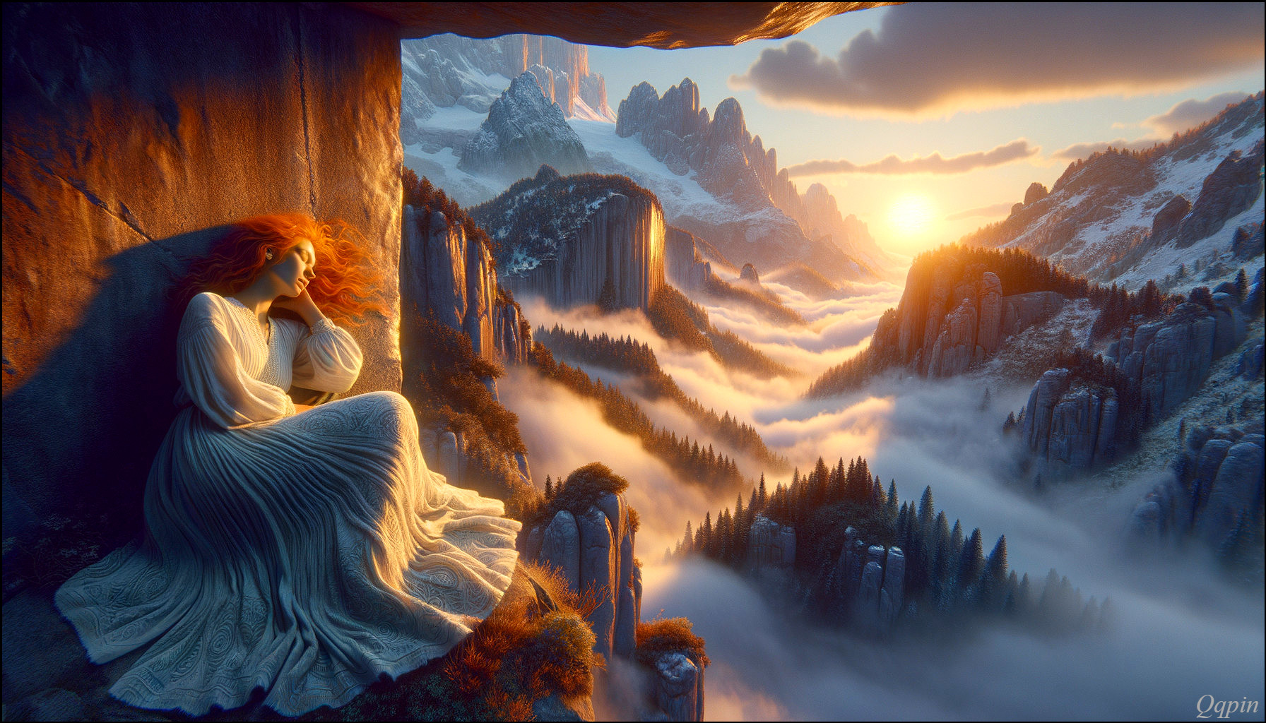 Serene figure in white gown amidst misty valleys and sunset