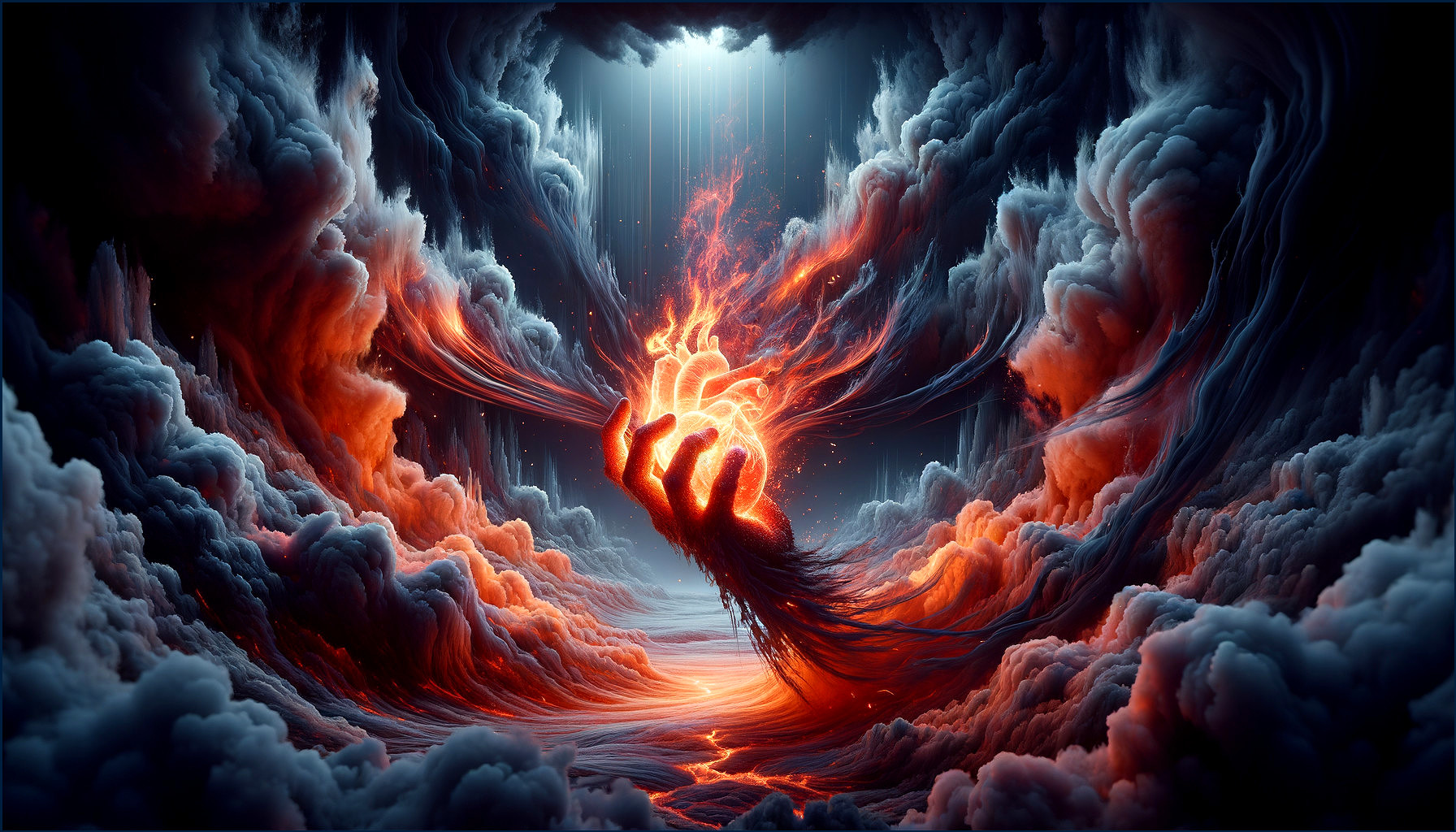 Hand Holding Fiery Heart Amidst Dramatic Clouds