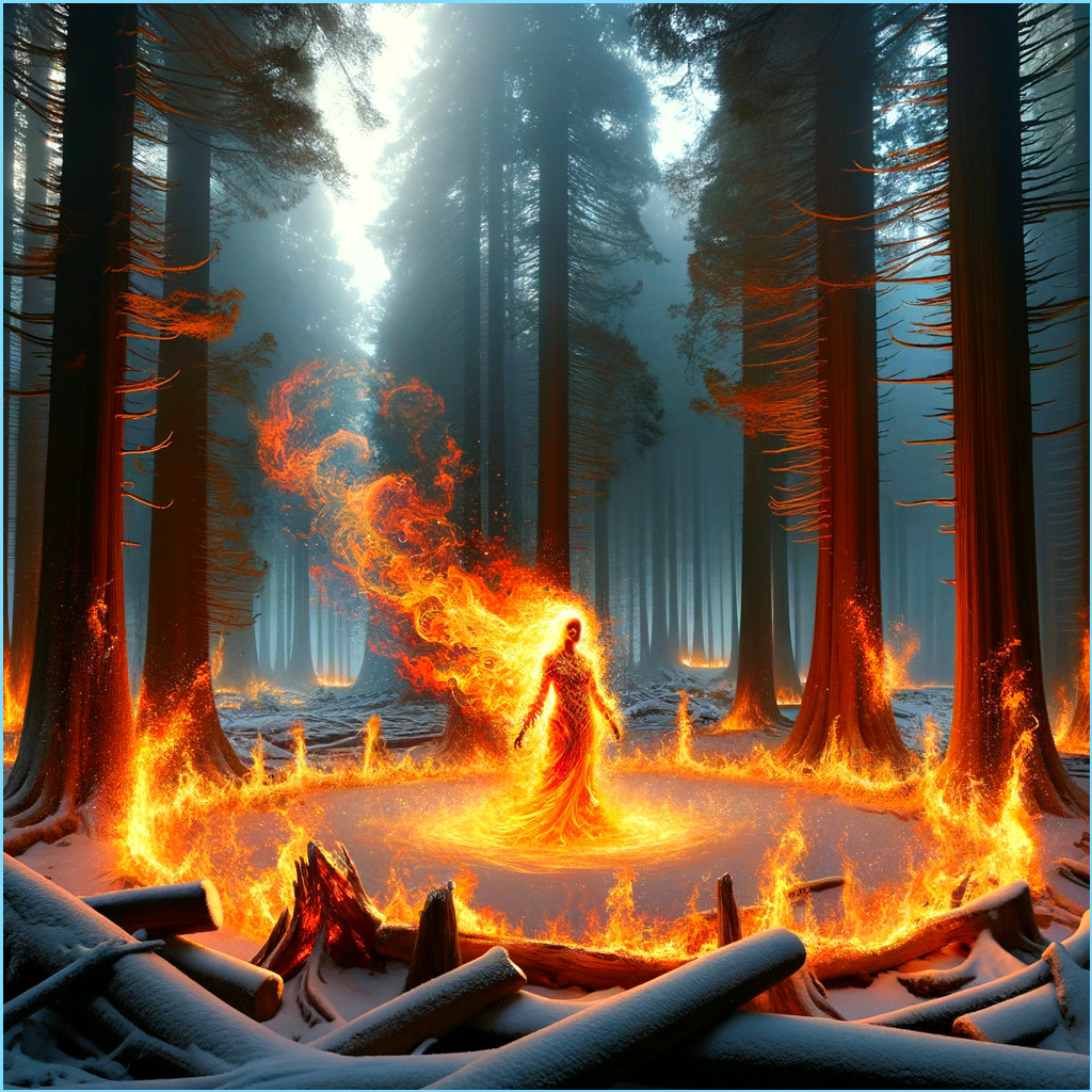 Mystical Forest Scene with Ethereal Figure and Flames